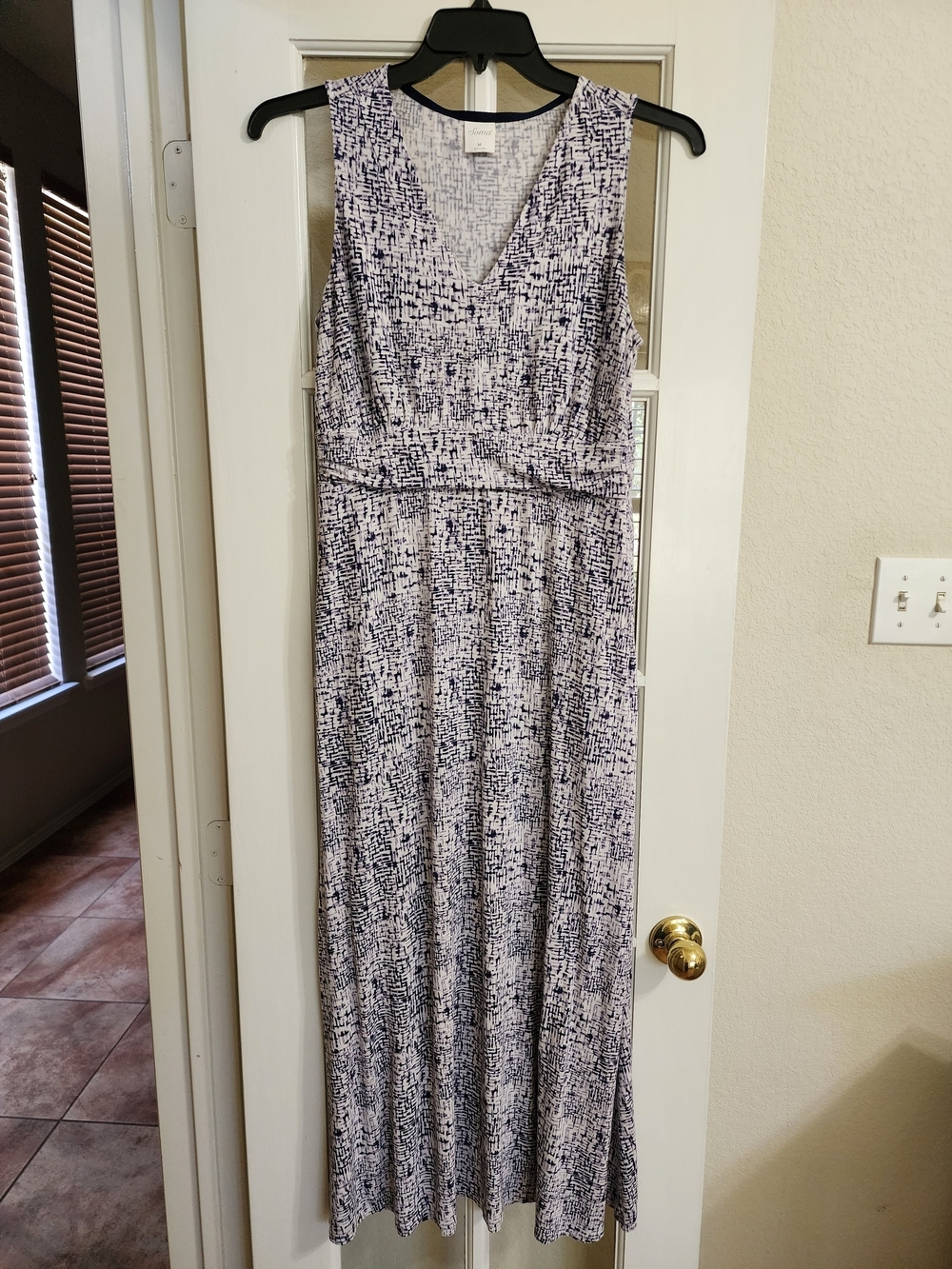 Soma Soft Jersey Maxi Dress Blue White Abstract V-Neck Pockets Medium
